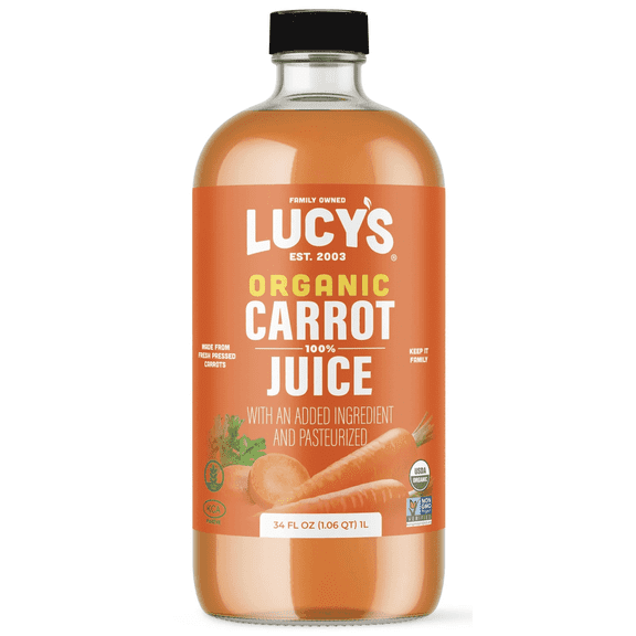 Lucy’s AMERICAN CARROTS Organic 99% Pure Carrot Juice - 34 oz. Glass Bottle (Made From Fresh Pressed Organic Carrot)