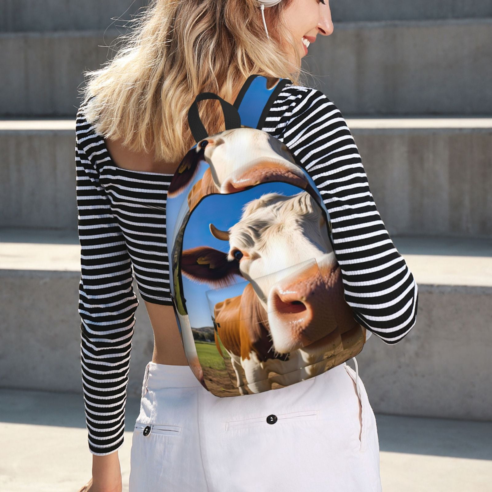 Vsdgher Blue Sky Meadow Cute Cow Print Canvas Backpack Travel Rucksack Unisex Knapsack 15.7/17.7Inch Laptop Backpack for Work,College -Small