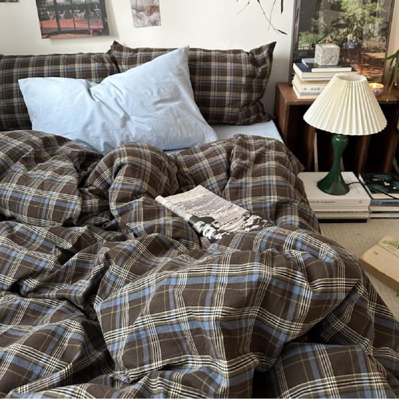 Brown Blue Gingham Queen (No Comforter) Gingham Duvet Cover Set with Pillowcases