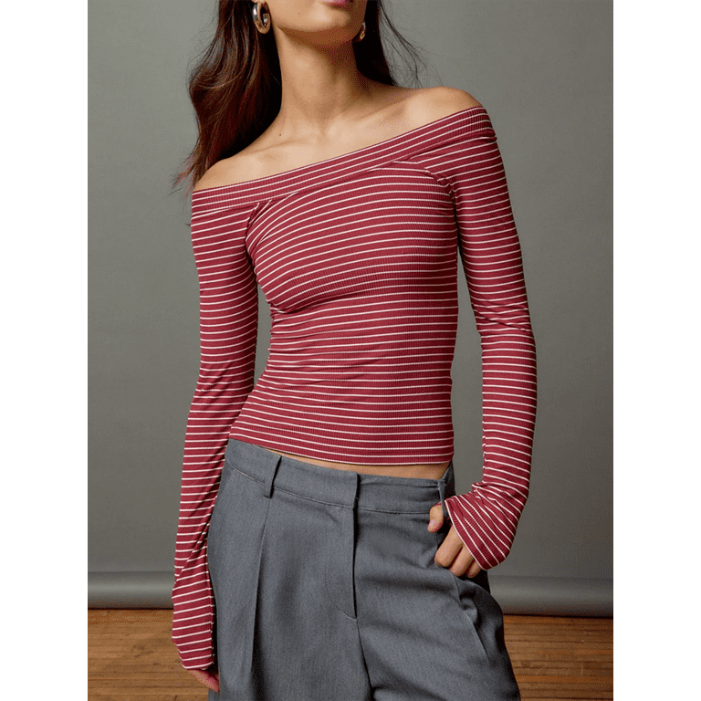 KelaJuan Women's Slim Off-Shoulder Tops Solid Color/Stripe Print 