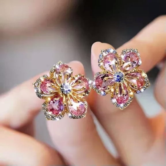 HOOUN 925 Silver Flower Zircon Crystal Earrings Ear Stud Women Party Jewelry Gifts-2# Pink Crystal Flower