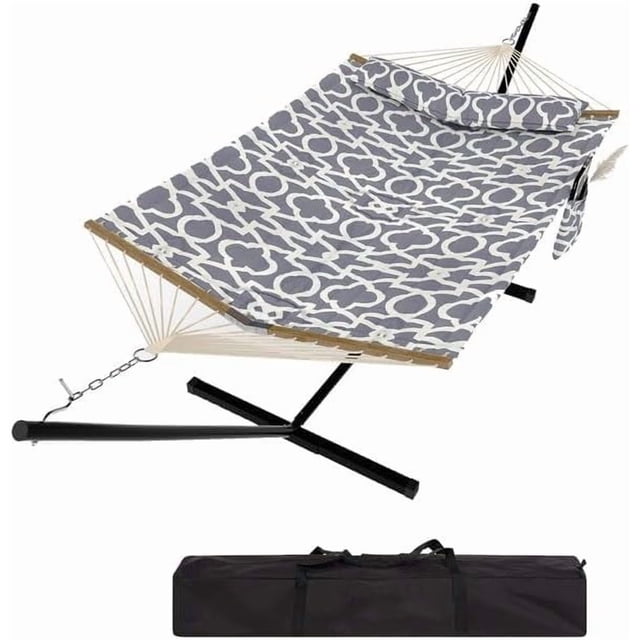 Hamac pour 2 Personnes avec Support, Cadre en Acier Robuste Supporte 450 Lb, Conception en Polyester Matelassé et Filet Respirant, Comprend un Sac de Rangement pour Cour Arrière, Patio, Camping