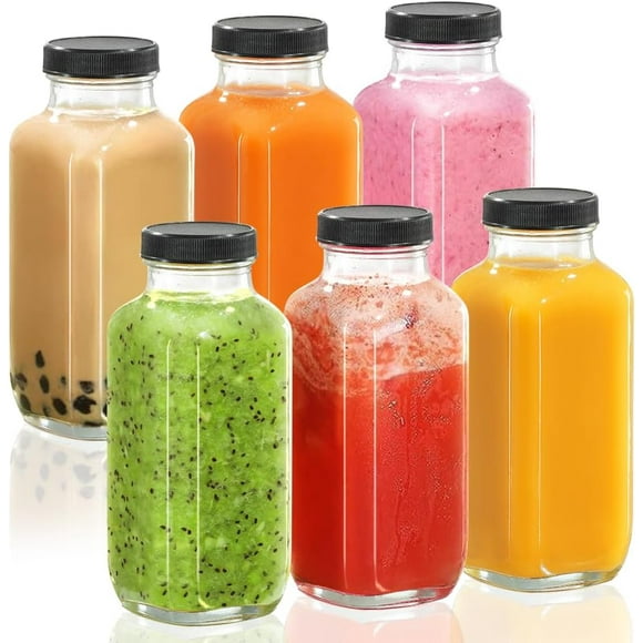 6 Pack Glass Juice Bottles With Lids, Refillable Glass Water Bottles, Clear Glass Jars With Lids, Clear Reusable Water Bottles For Juicing, Smoothies, Water, Milk, Kombucha