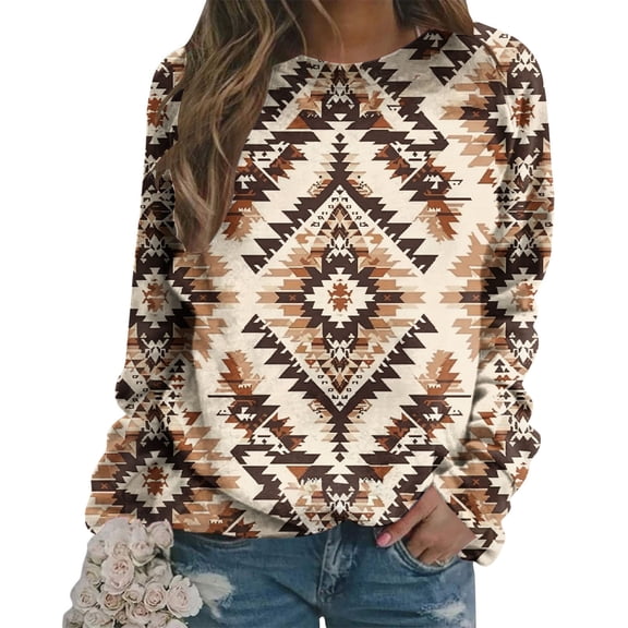 CLOISE Women's Sweatshirts Ethnic Aztec Print Oversized Sweatshirts Crewneck Long Sleeve Hoodies Shirts Beige Raglan Basic Tops Fall Fashion Y2k Clothes XL