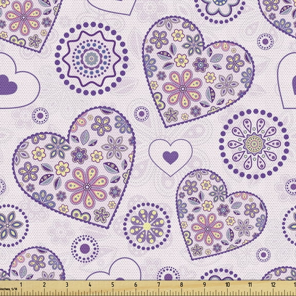 Valentines Fabric by the Yard, Heart Outlines Filled with Spring Inspired Flower Motifs, Upholstery Fabric for Dining Chairs Home Decor Accents, 2 Yards, Pale Pink Purple Yellow by Ambesonne