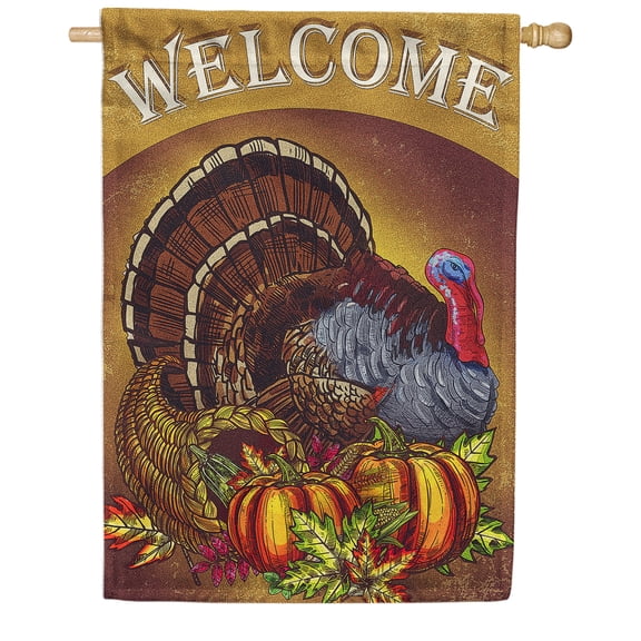 America Forever Fall Welcome Thanksgiving Turkey House Flag 28 x 40 inch Autumn Harvest Bounty Cornucopia Double Sided Outdoor Yard Decoration