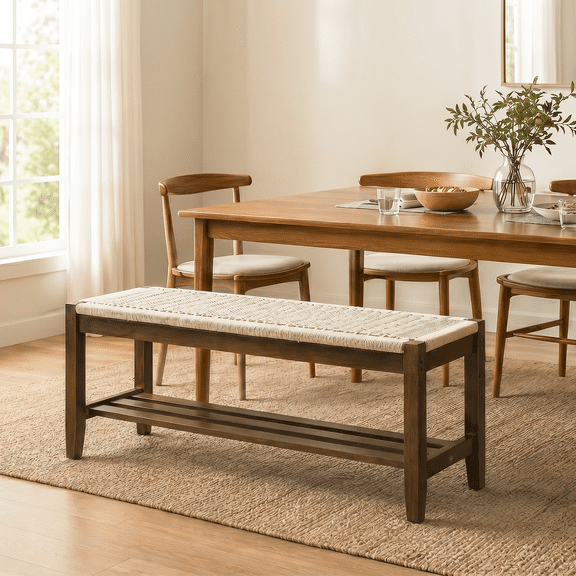 Ktaxon Mid-Century Dining Bench, 40" Wood Kitchen Bench with Storage, Woven Dinner Bench 2 Seater with Solid Rubberwood Frame, Brown