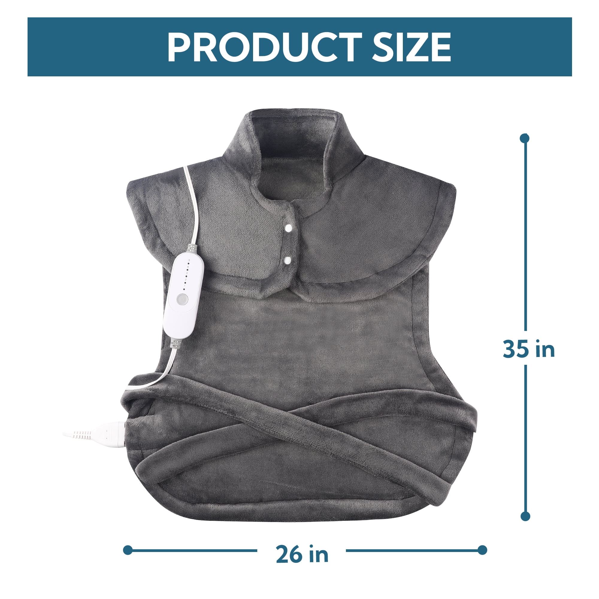SUNNY HEAT Waist Long Back Electric Heating Pad 26x35 Inches, Electric Back Pain Relief, 5 Heat Settings with Auto Shut Off, Soft Flannel, Gray (1 Piece)
