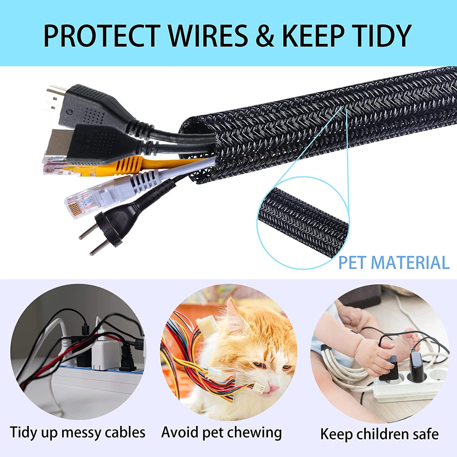 10ft(3Rolls) - 1/2 inch Cord Protector Wire Loom Tubing Cable Sleeve Split  Sleeving for USB Cable Power Cord Audio Video Cable – Protect Cat from
