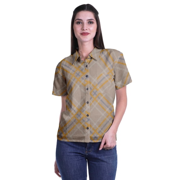 Moomaya Printed Half Sleeve Shirt For Women Button Down Collar Casual Top