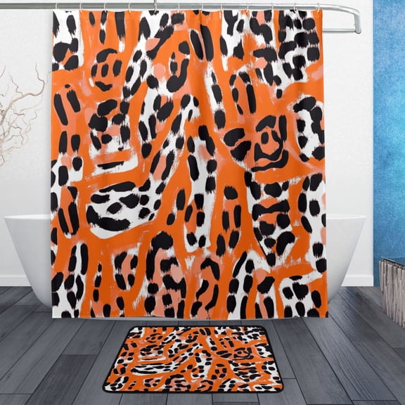 Bath Curtain & Non-Slip Bath Mat Set 12-Grommet Shower Curtain Memory Foam Bath Rug Orange Leopard Print