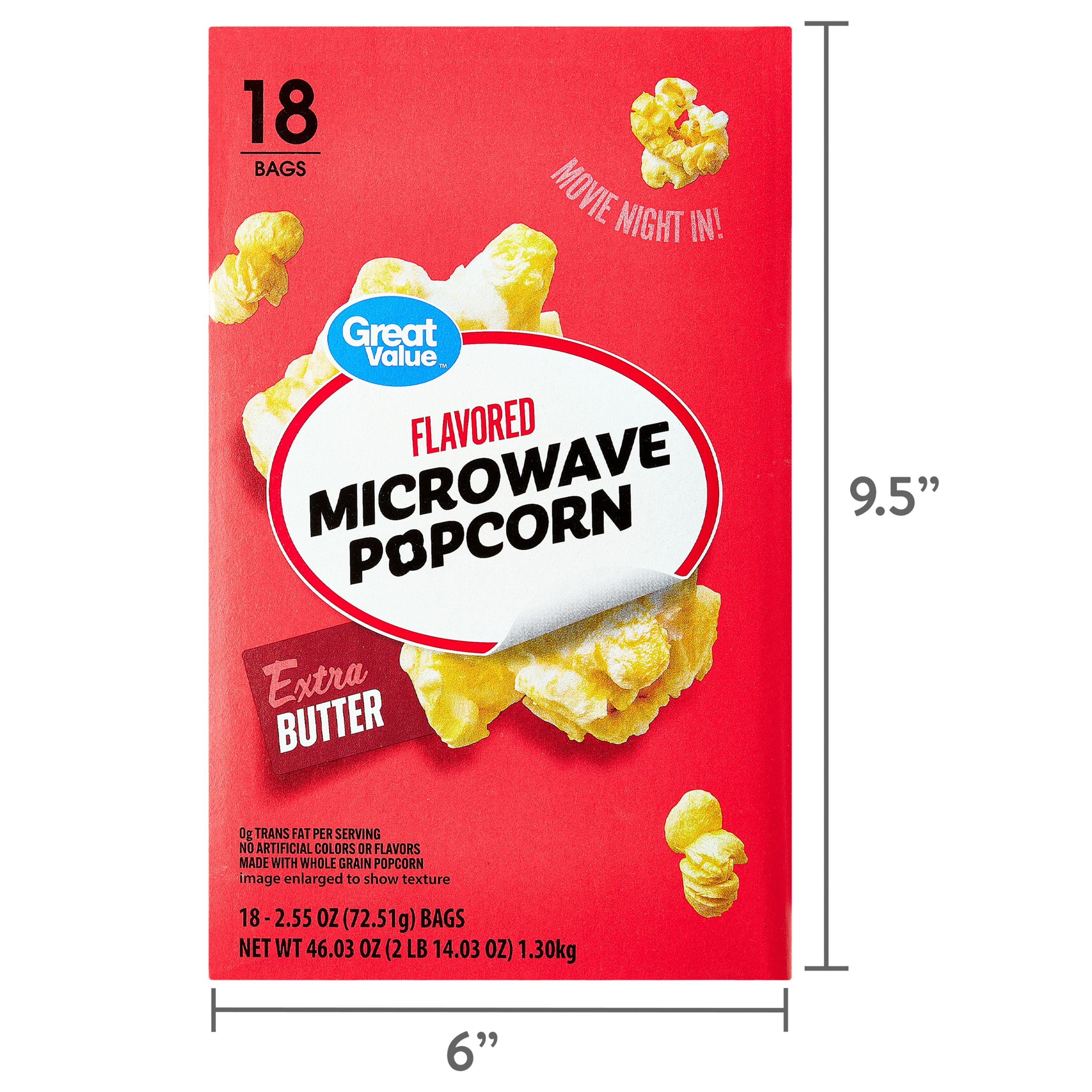(4 pack) Great Value Extra Butter Flavored Microwave Popcorn, 2.55 oz, 18 Count