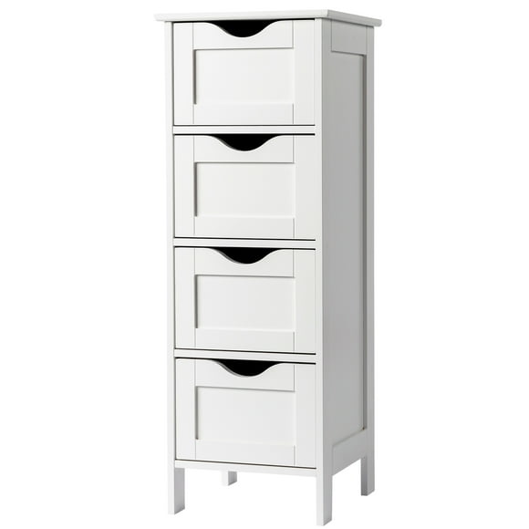 Ktaxon Wooden Bathroom Floor Storage Cabinet, Side Freestanding Cupboard with 4 Drawers for Entryway Kitchen Bedroom Living Room, White