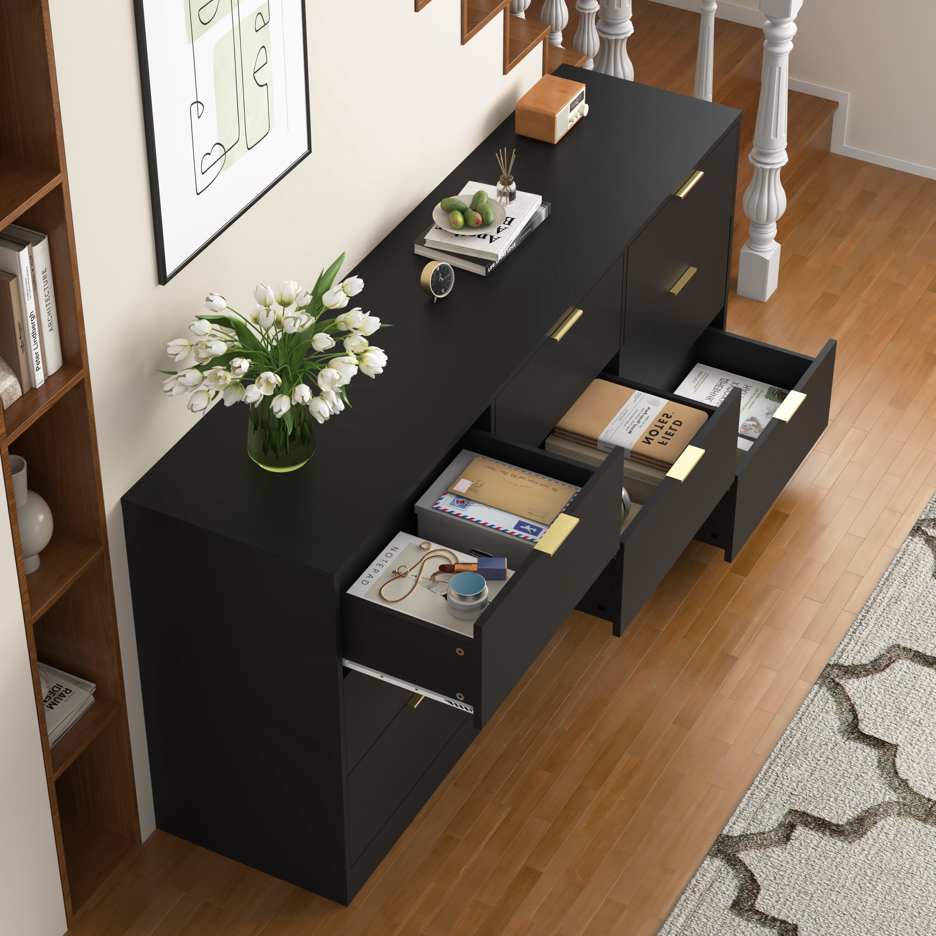 Mintazer 9 Drawers Dresser, 63" Large Deep Storage Chest of Drawers with Gold Metal Handles for Entryway Bedroom Living Room Hallway, Black