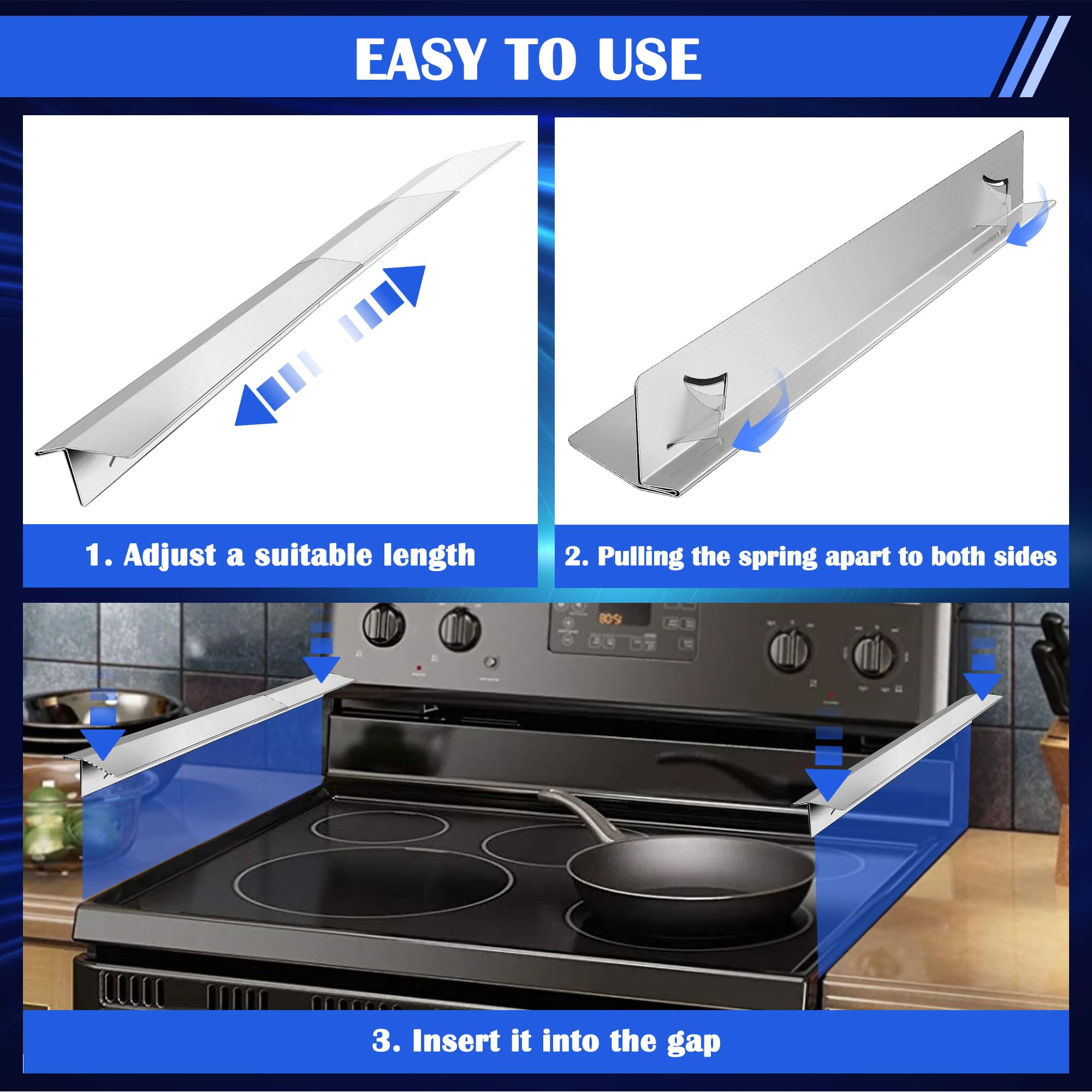 2 Pack T Shaped Stove Gap Covers Stainless Steel For Kitchen Between Stove and Counter Edge Filler Length 13.8" to 27.6" Include Clean Cloth and Sponge