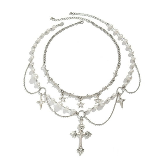 2pcs Delicate Crosses Pendant Pearls Necklace Elegant Neck Jewelry for Women