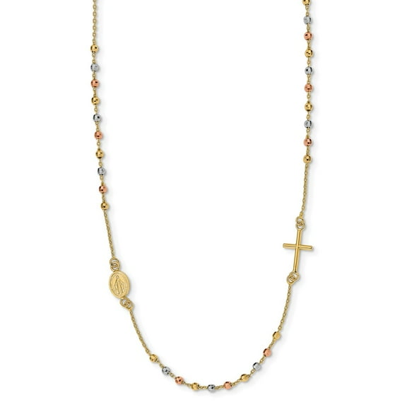 14k Tri Color Gold Sideway Cross Rosary Necklace