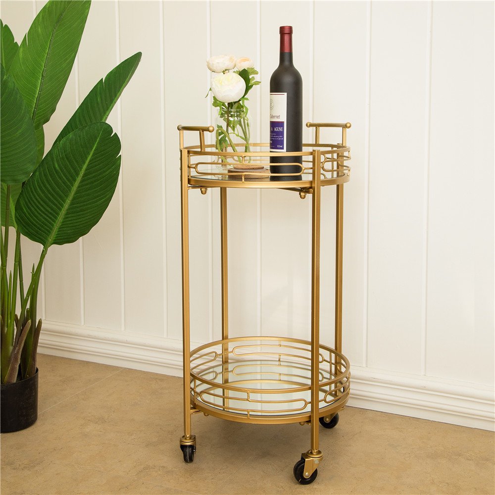 Glitzhome Deluxe Metal Round Mirrored Bar Cart