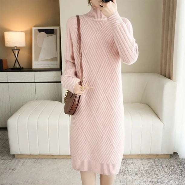 Vestidos de punto de manga larga para otoño e invierno, suéter recto de cuello alto coreano cálido, vestidos informales hasta la rodilla para mujer