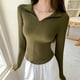 thumbnail image 4 of Camisa de manga larga entallada para mujer, estilo otoñal, diseño con cremallera, dobladillo curvo, camiseta irregular, 4 of 6