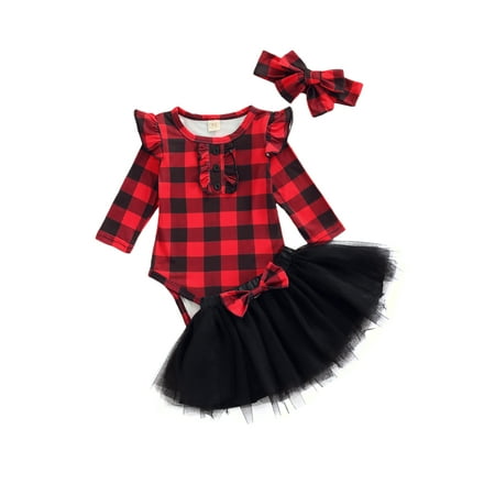 

Bowanadacles Baby Girls Suit Set Plaid Round Neck Long Sleeve Baby Romper and Skirt Headband