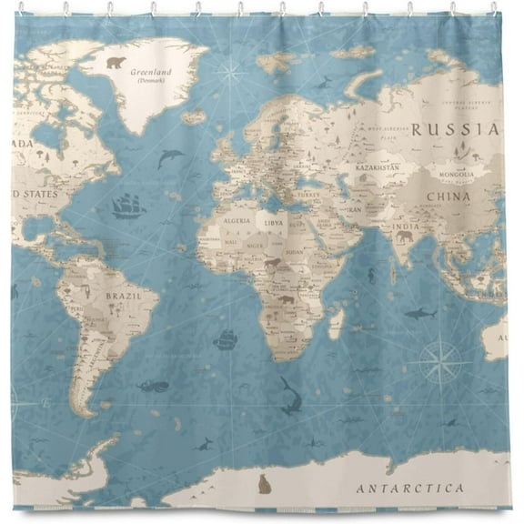 Shower Curtain-World Map Vintage Blue and Beige，Washable Fabric Waterproof Bathroom Curtain with 12 Hooks for Bathroom, Showers and Bathtubs, 72 X 72 inch