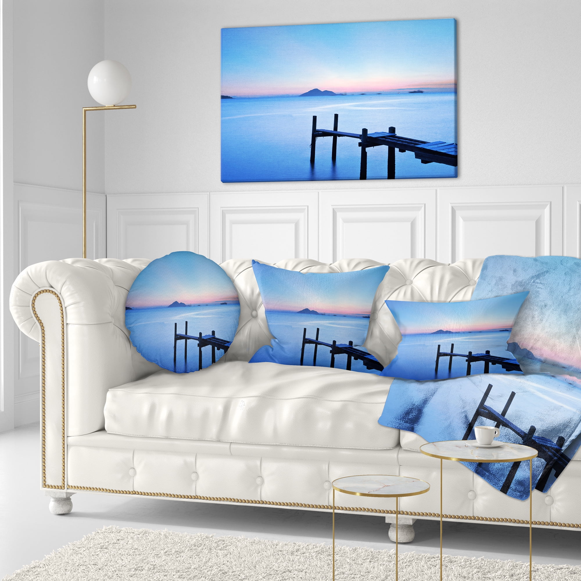 Designart Wooden Pier in Blue Sea - Seascape Throw Pillow - 12x20