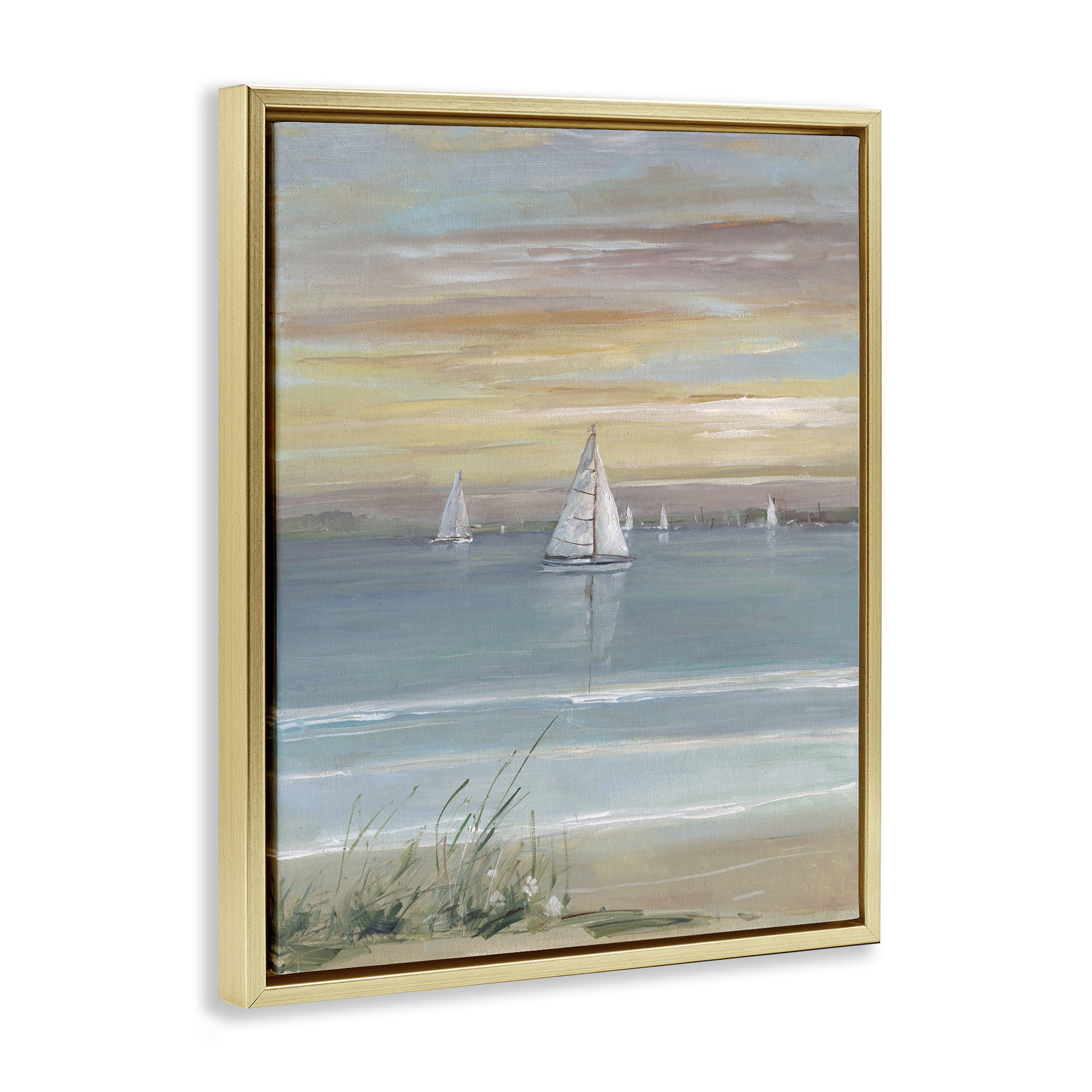 Stupell Industries Coastal Sailboats At Twilight Gold Framed Floater Canvas Wall Art, design by Sally Swatland
