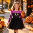 thumbnail image 2 of Girls Halloween Black Cat Print Tulle Dress Long Sleeve Striped Ruffle Shoulder Princess Party Kids Festive AâLine Tutu Dress for Holiday Daily Wear Outfit(Purple1,3-4 Years), 2 of 9