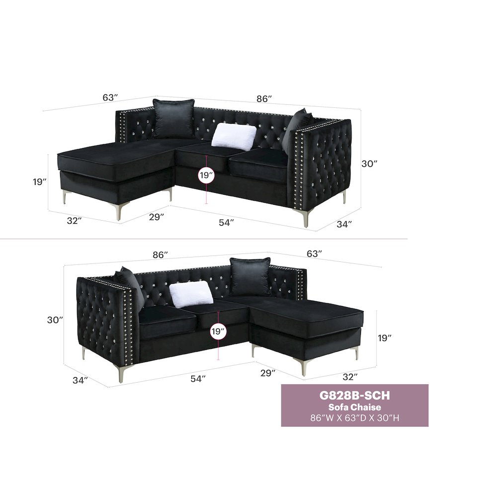 Glory Furniture Paige Sofa Chaise in Black Color
