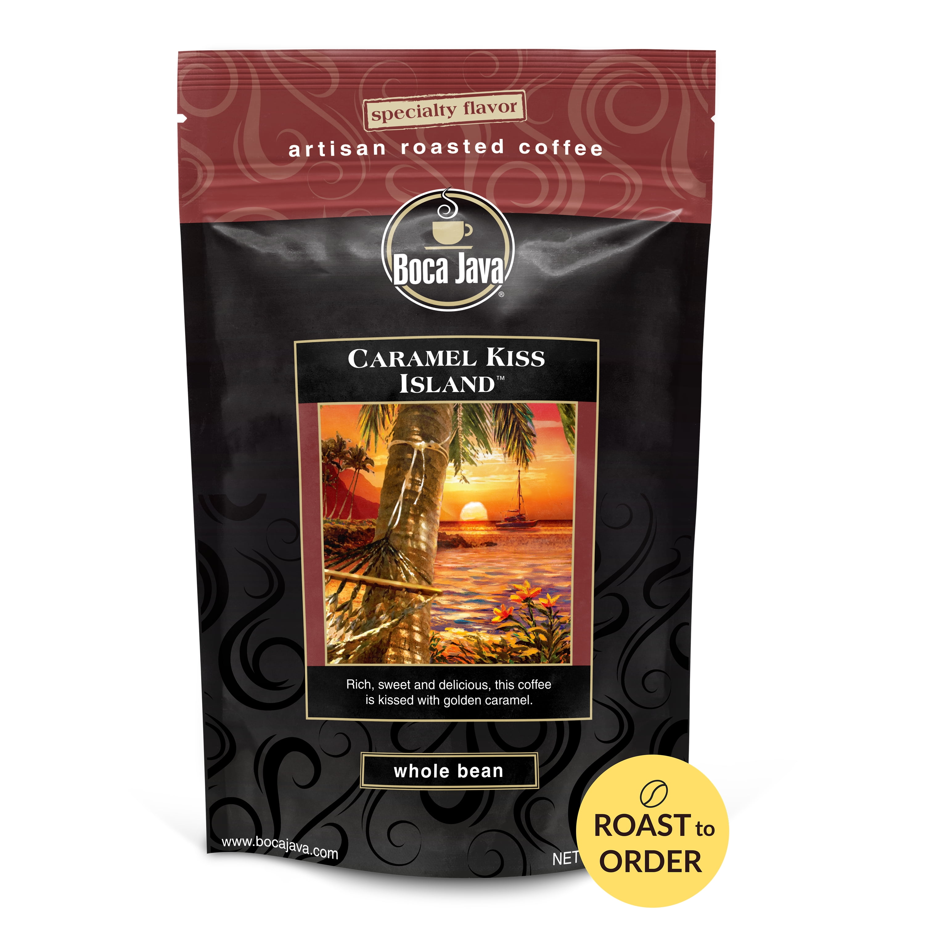 Boca Java Caramel Kiss Island Flavored Whole Bean Coffee, 8 oz. Bag, Roast to Order