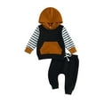 thumbnail image 1 of Honganda Baby Boy Fall Outfits Striped Long Sleeve Contrast Color Hoodie + Pants Set Toddler Clothes, 1 of 9