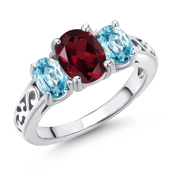 Gem Stone King 925 Sterling Silver Red Rhodolite Garnet and Blue Zircon Filigree Style 3 Stone Ring for Women (2.65 Cttw, Oval 8X6MM and 6X4MM) (Size 9)