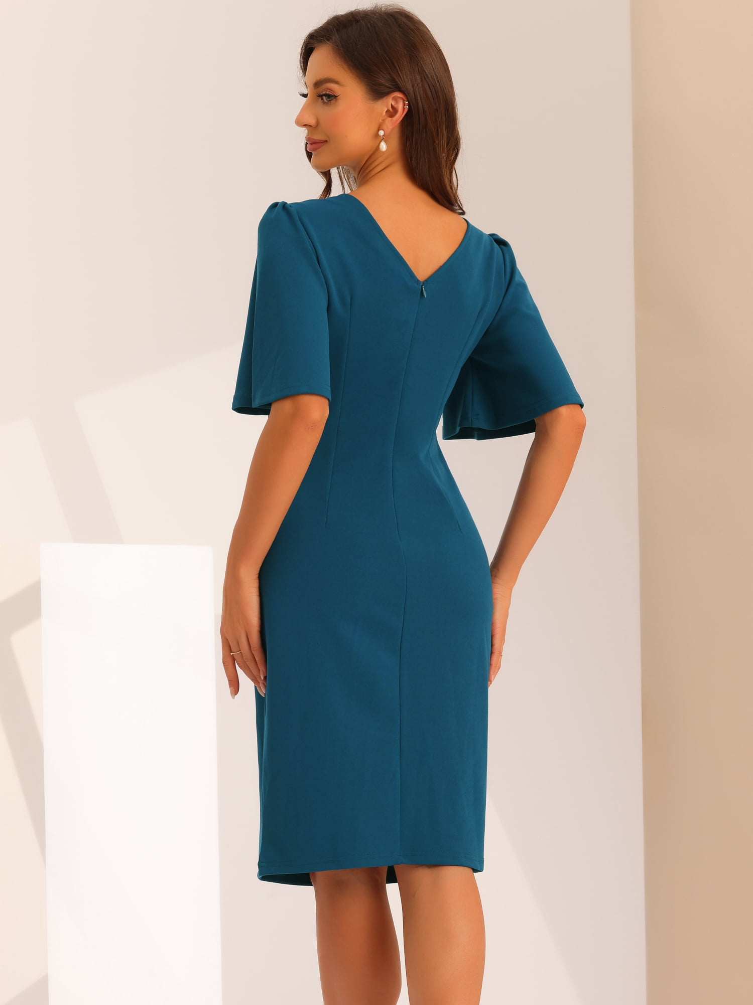 DARING DIVA Women's Short Bell Sleeve Pencil Office Work Sheath Dresses XS Lake Blue