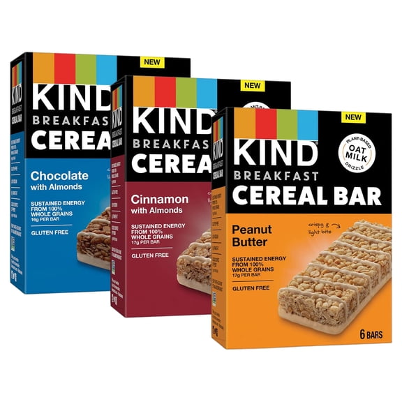 KIND Cereal Breakfast Bars, Variety Pack, Chocolate with Almonds, Peanut Butter, Cinnamon with Almonds, Healthy Snacks, Gluten Free, 18 Count