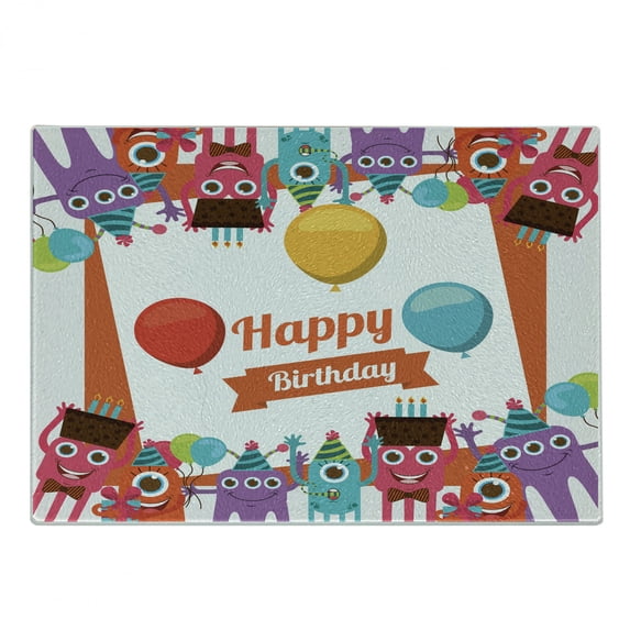 Birthday Cutting Board, Funny Happy Monsters Holding Chocolate Cakes Party Horns Celebration Design, Decorative Tempered Glass Cutting and Serving Board, Small Size, Multicolor, by Ambesonne
