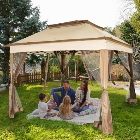VEVORbrand 11x11ft Outdoor Canopy Gazebo with Four Sandbags - Gazebo Netting, Waterproof and UV Protection - Patio Gazebo Brown for Backyard, Outdoor, Patio and Lawn