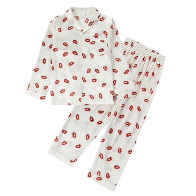 Akiihool Pyjama pour Enfants Filles Fille et Femmes Coton Manches Courtes et Pantalon Long Ensemble de Pyjama, 2 Pcs (Rouge Brique, 9-10 Ans)