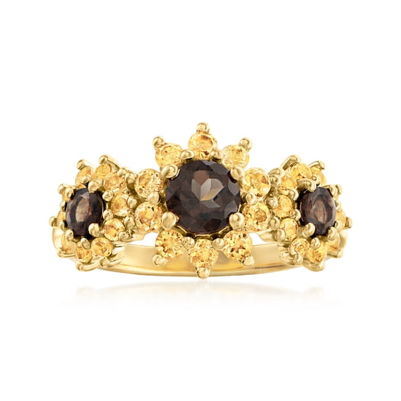 Ross-Simons 0.70 ct. t.w. Yellow Citrine and .50 ct. t.w. Smoky Quartz Sunflower Ring in 18kt Gold Over Sterling, Women's, Adult