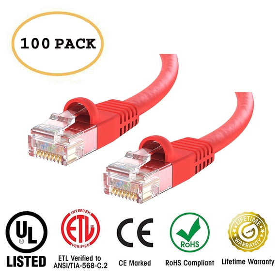 Huetron™ 100-Pack Cat 6 Ethernet Cable Cat6 Snagless Patch 3 Feet - Computer LAN Network Cord, RED