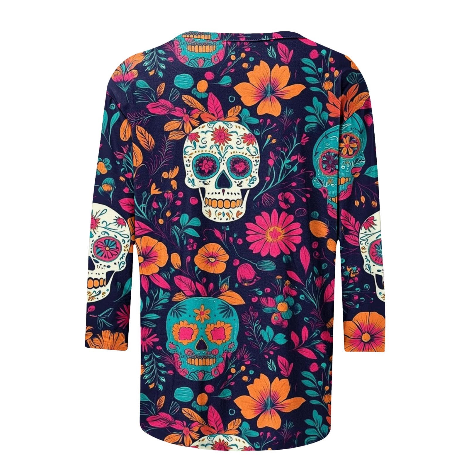 Women's Day of The Dead Print T-Shirt Crew Neck 3/4 Sleeve Loose Fit Mexican Skull Tee