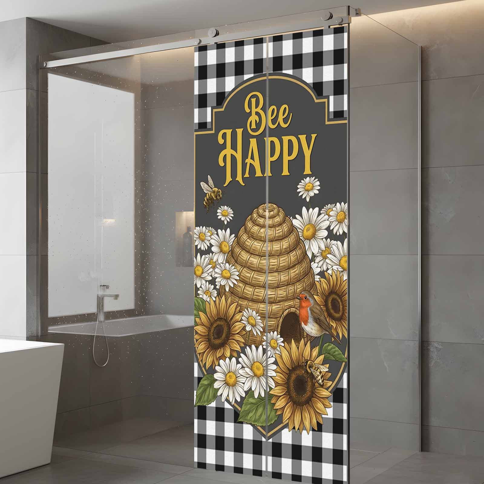 Happy Bee Window Privacy Film, Cartoon Bee Honeycomb White Daisy Black White Lattice Frame Frosted Glass Window Clings Static Cling UV Heat Blocking Reusable Door Sticker for Bathroom 23.6 x 59 Inch