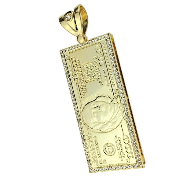 Mens 14K Gold Plated Pendant One Hundred Dollar Bill Big Bling Cash Hip Hop Money Charm $100 Benjamin Franklin Note