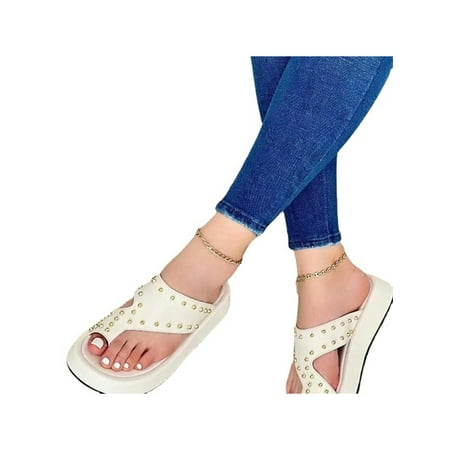 

Ritualay Ladies Thong Sandal Summer Flip Flops Platform Flat Sandals Fashion Anti Skid Slides Indoor Outdoor Beach Slippers Beige 7