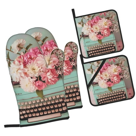

Tebeau Vintage Typewriter Floral Print 4 Pcs Oven Mitts and Pot Holders 500°F High Heat Resistant Kitchen Oven Mitts with Pot holders Long Oven Mitts for Baking and Cooking