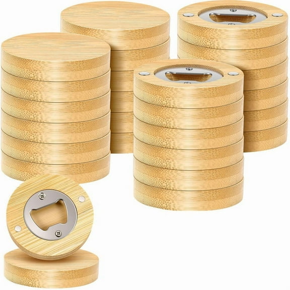 24 Counts Magnetic Bottle Opener 2.5In DIY Bamboo Round Shape Beer Openers Wooden Fridge Magnet Refrigerator Sticker