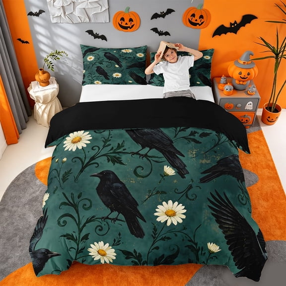 Homewish Gothic Halloween Crow Bedding,Daisy Floral Pattern Duvet Cover Full,Dark Teal White,Black Reversible,3-Piece,1 Duvet Cover and 2 Pillowcases