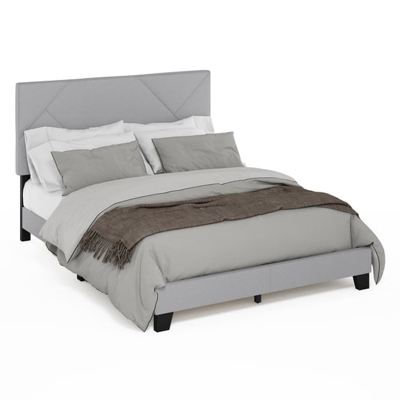 Furinno SKYLAR Bed Frame, Queen Size Bedframe with Geometric Design Upholstered Headboard, Bed with Adjustable Headboard, No Box Spring Needed, for Bedroom, Dorm, Light Grey