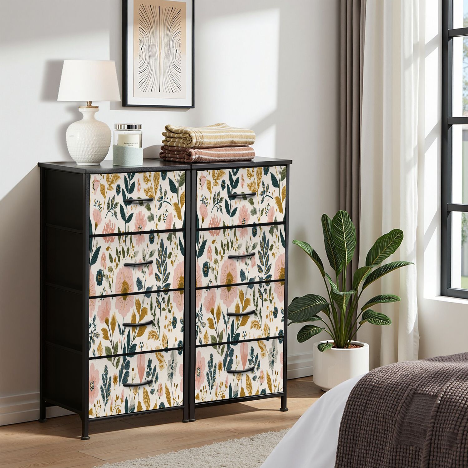 Vintage Dresser for Bedroom with 4 Storage Drawers Seamless Botanical Floral Pink Flowers Green Leaves Cream Dressers Chest of Drawers Steel Framed Fabric Closet Organizers for Nursery Entryway
