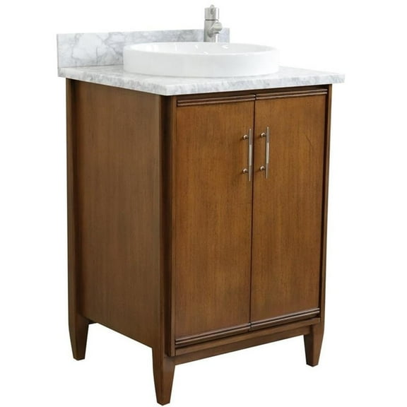 MCM 25" Single Round Sink Vanity with White Marble Stone in Walnut